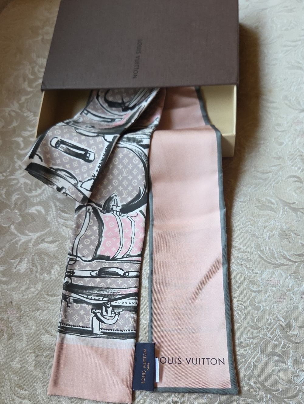 Louis Vuitton Pink and Gray Silk Twilly with Monogram Travel Motif
